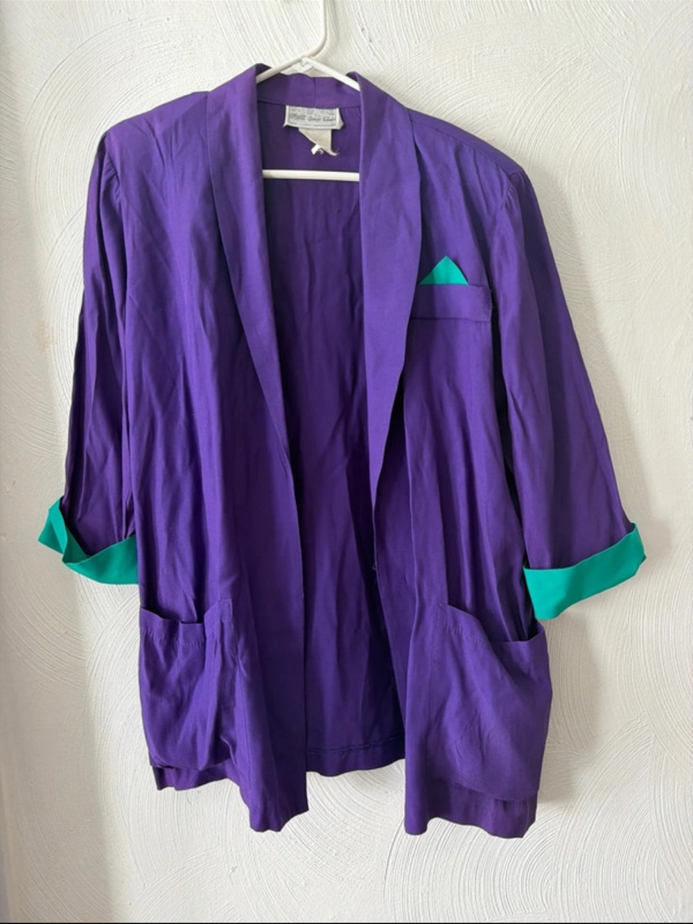 Purple Open-Front Blazer with Teal Trim